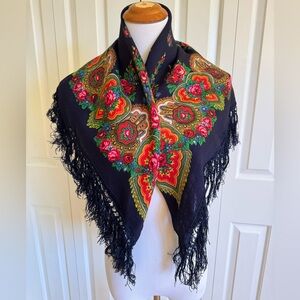 CHORI Navy Floral Wool Shawl 30/30